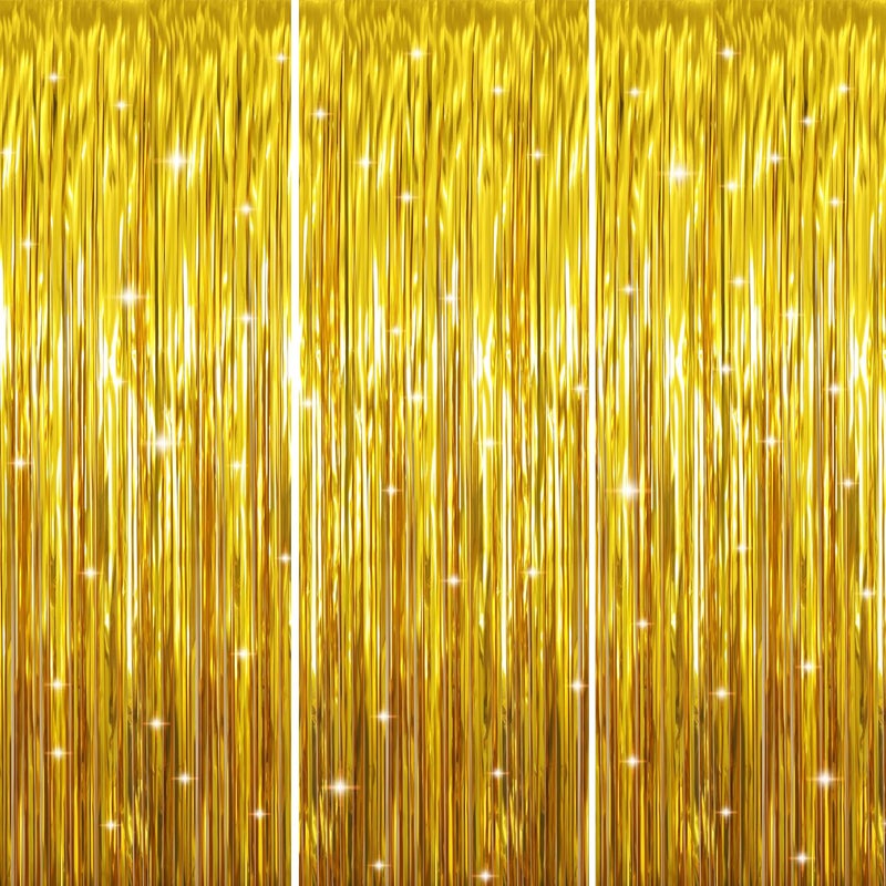 GOER 3.2 ft x 9.8 ft Metallic Tinsel Foil Fringe Curtains Party Photo Backdrop Party Streamers for Birthday,Graduation,New Year Eve Decorations Wedding Decor (Gold,3 pcs) - Image 1